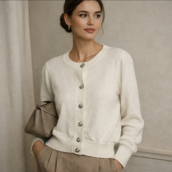 ryegrass Sweaters - NEW cashmere cotton blend embellish button cream sweater cardigan large